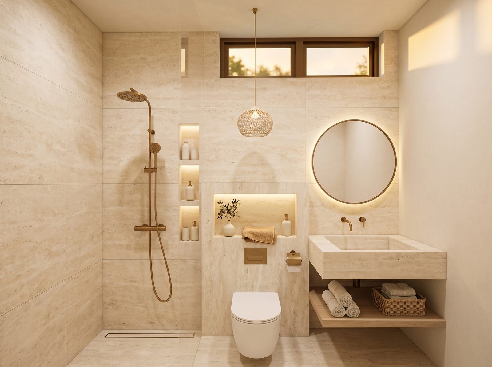 Bathroom with travertine walls, brass rain shower and backlit round mirror