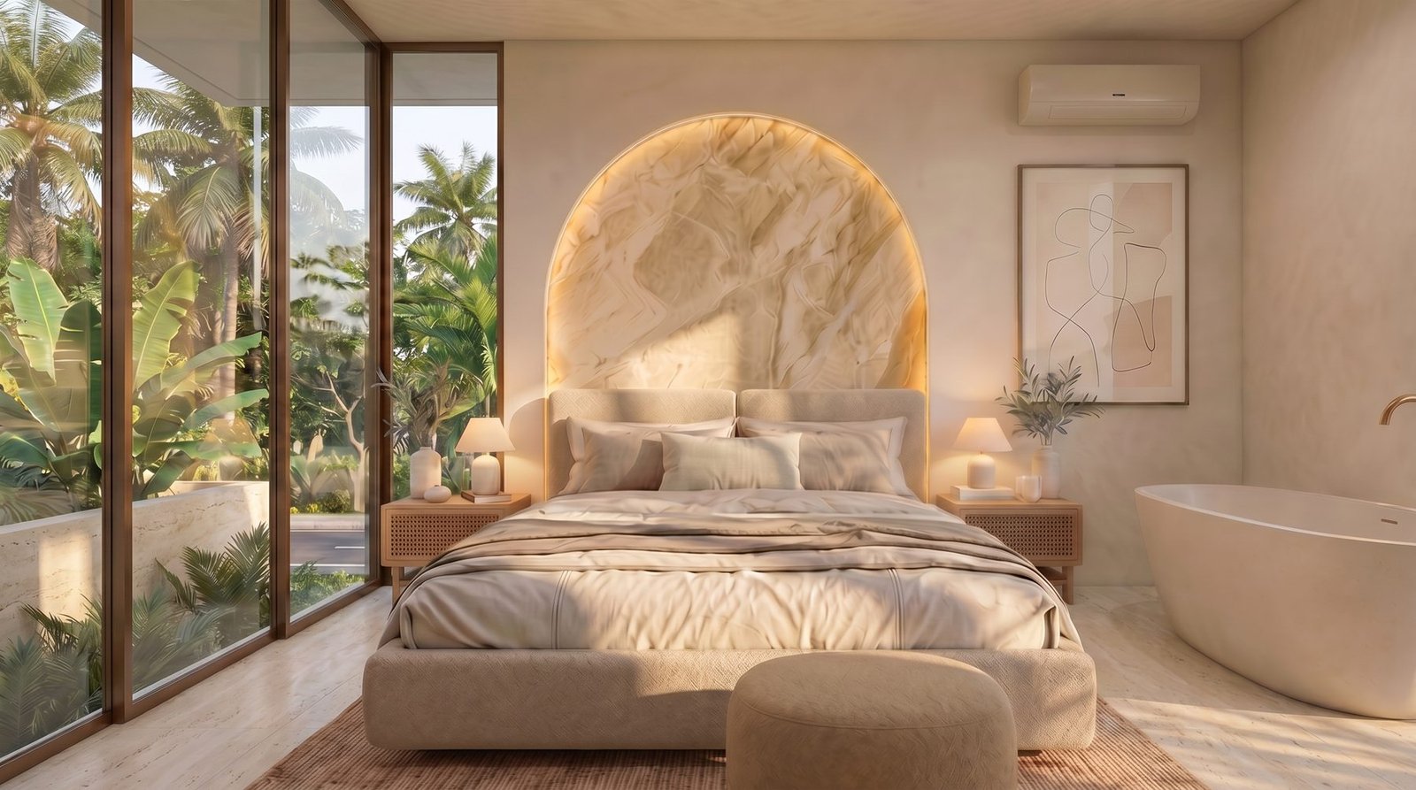 Master bedroom with full-height glazing and warm neutral tones