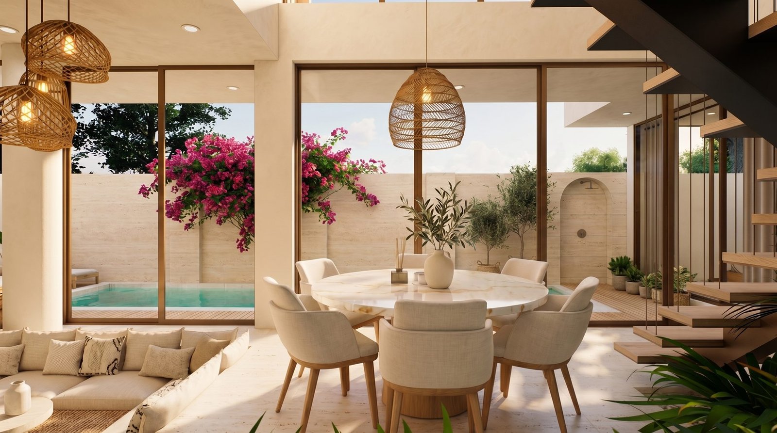 Open-plan dining area with curved chairs and pendant lighting