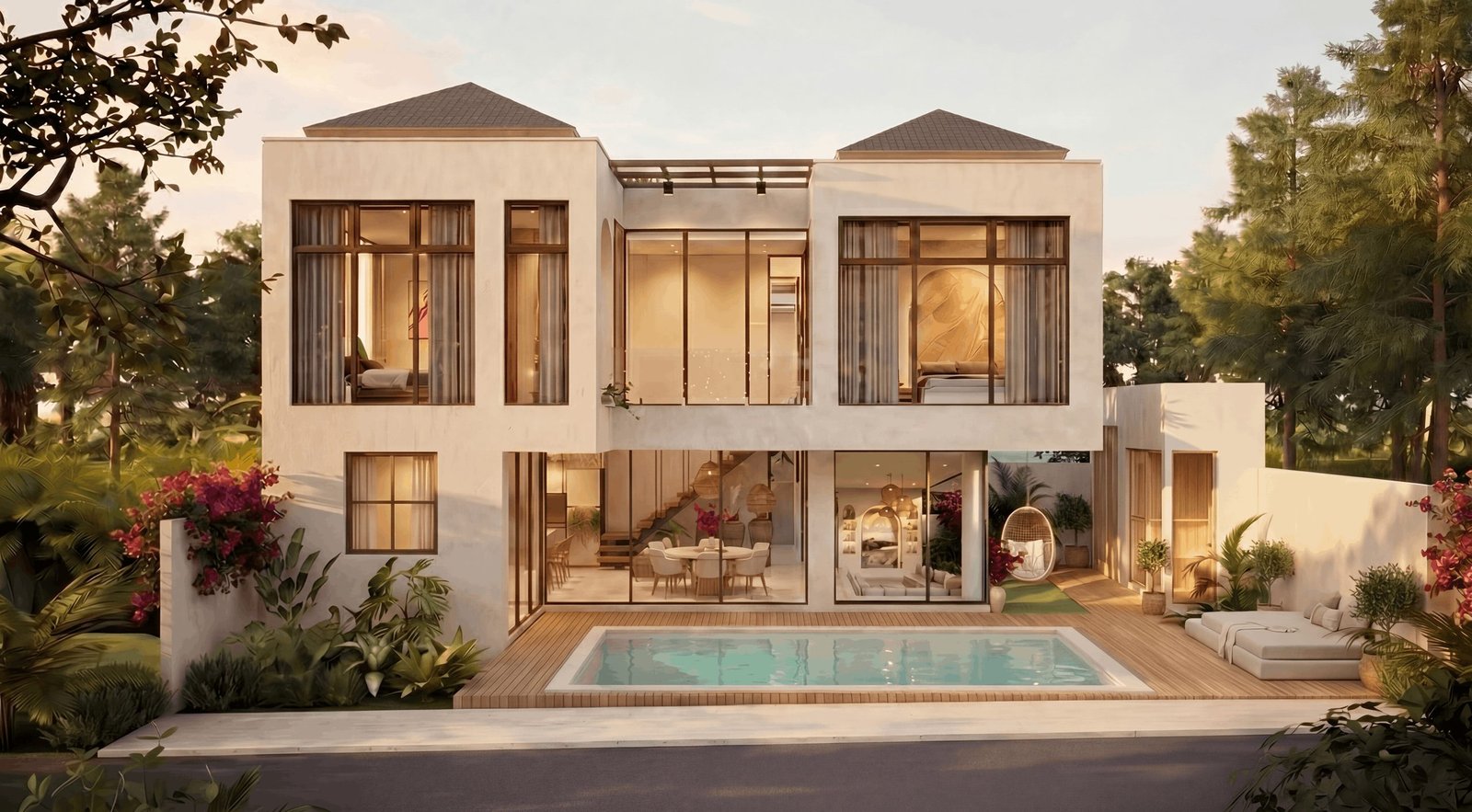 Nirvana Villas, three-bedroom villa exterior at dusk with private pool and tropical landscaping