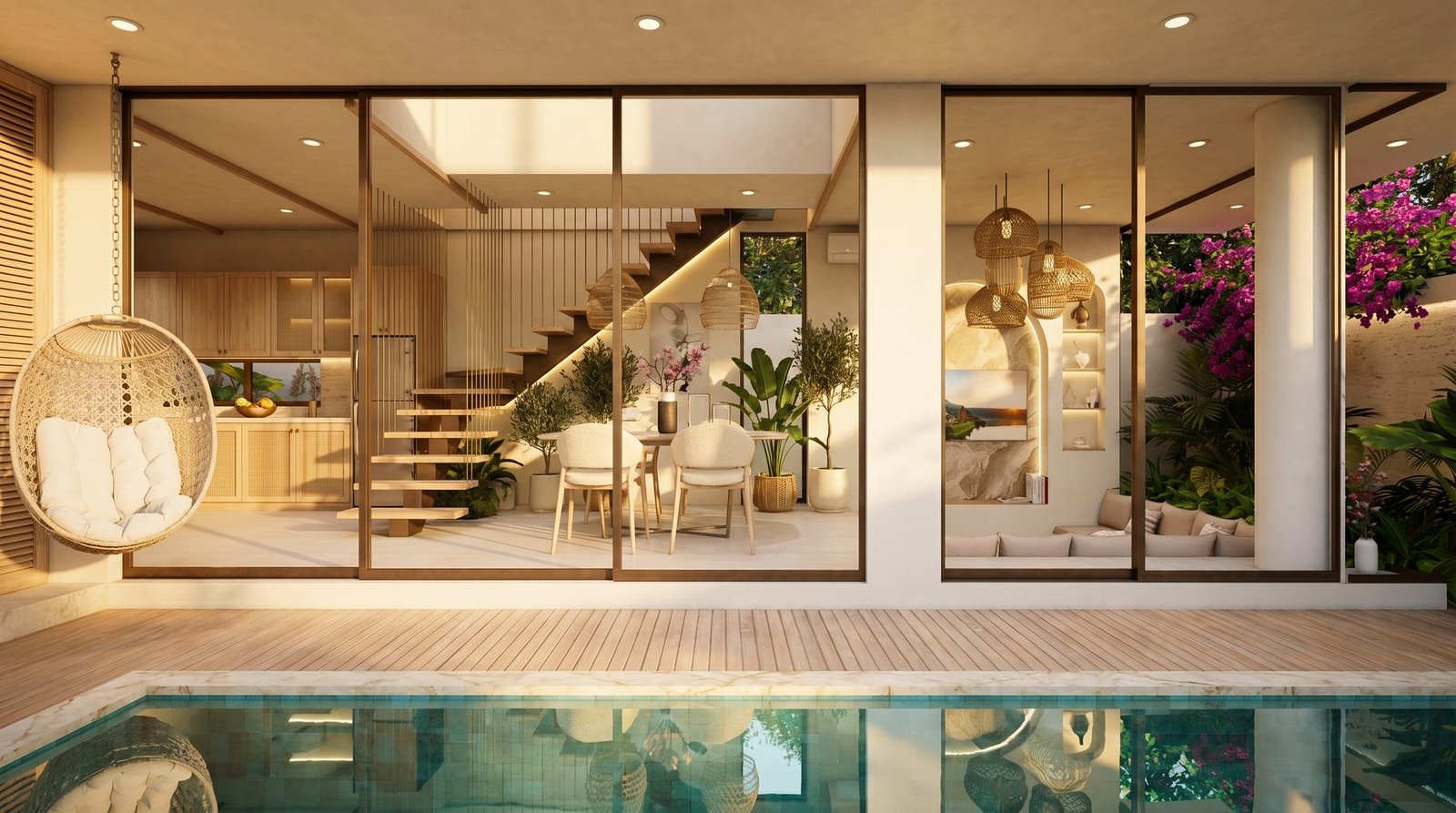 Expansive indoor-outdoor spaces, full-height glazing onto the pool deck