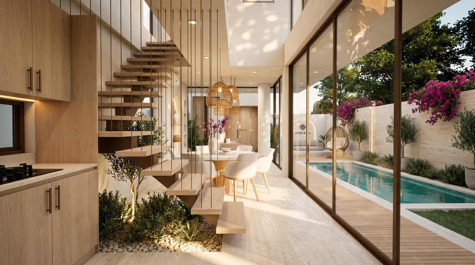 Open-plan kitchen with refined finishes and natural textures