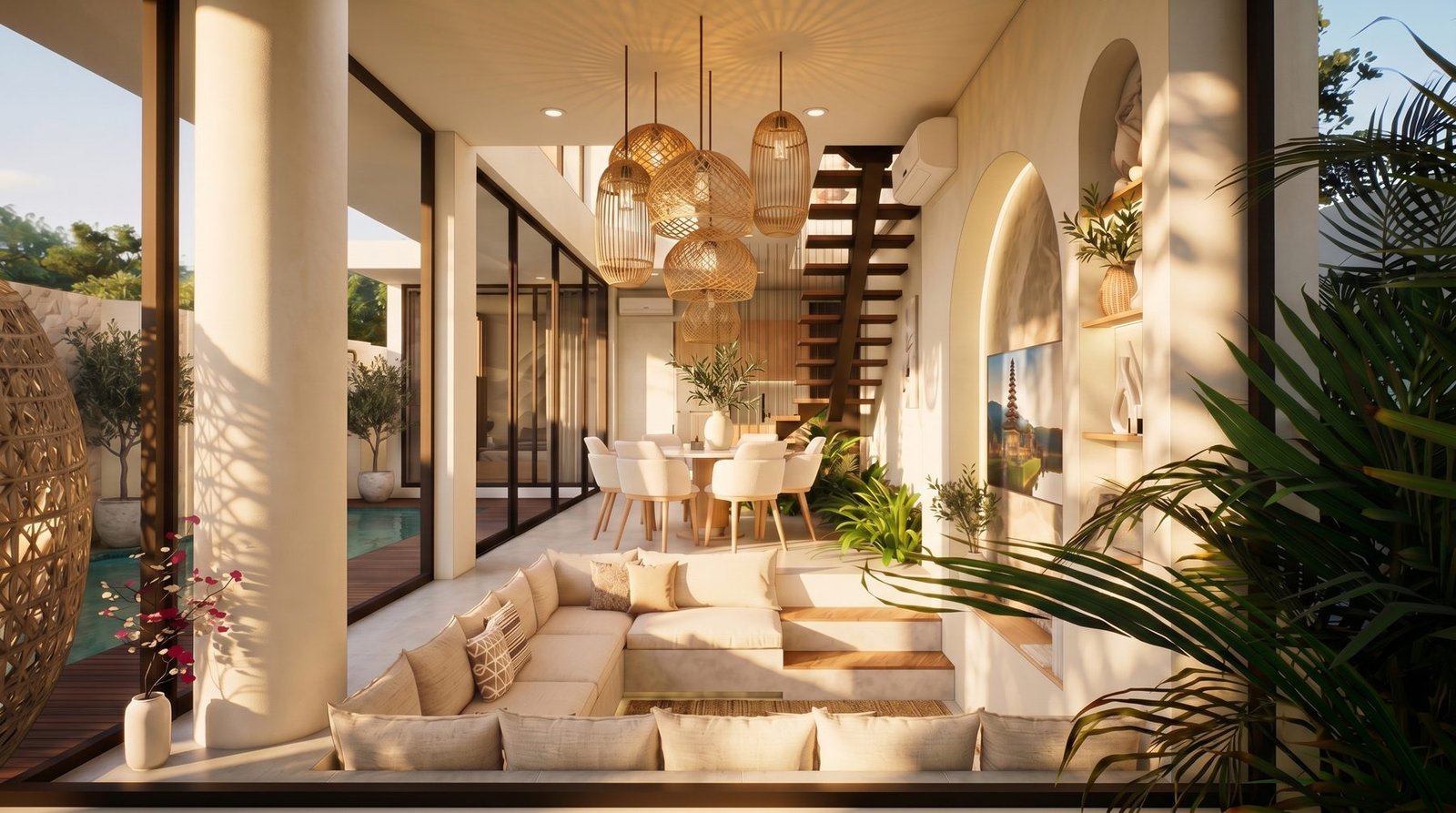 Living area with sunken seating, rattan pendant lights, and full-height glazing onto the pool
