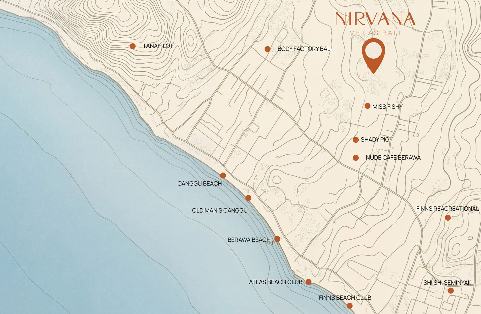 Map of Berawa, Canggu showing Nirvana Villas and surrounding beaches, beach clubs and landmarks
