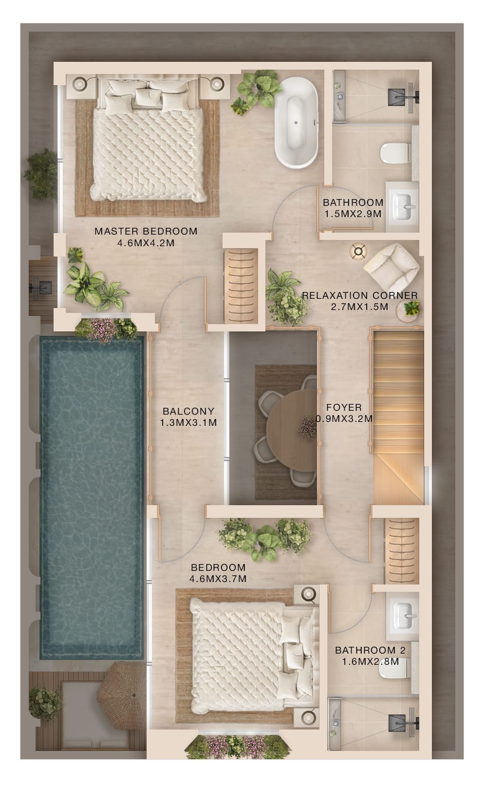 2-bedroom villa first floor plan, showing master bedroom with bathtub, second bedroom, relaxation corner and balcony over the pool