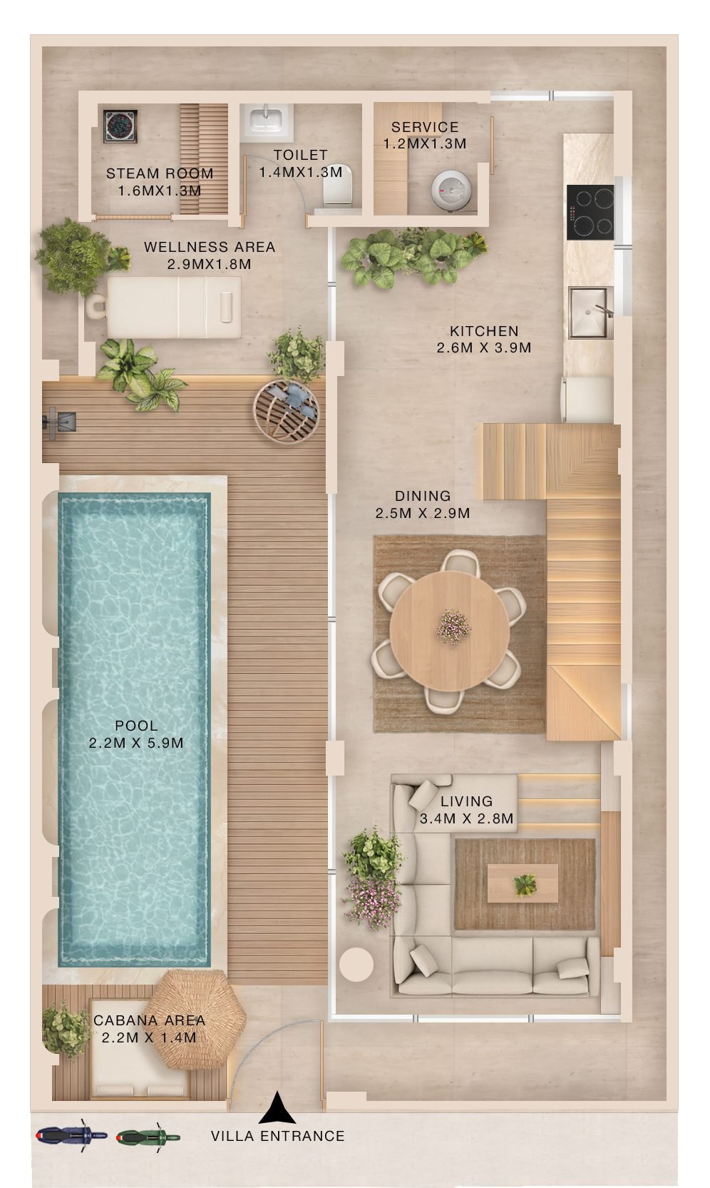 2-bedroom villa ground floor plan, showing entrance, pool, kitchen, dining, living, wellness area, sauna and cabana