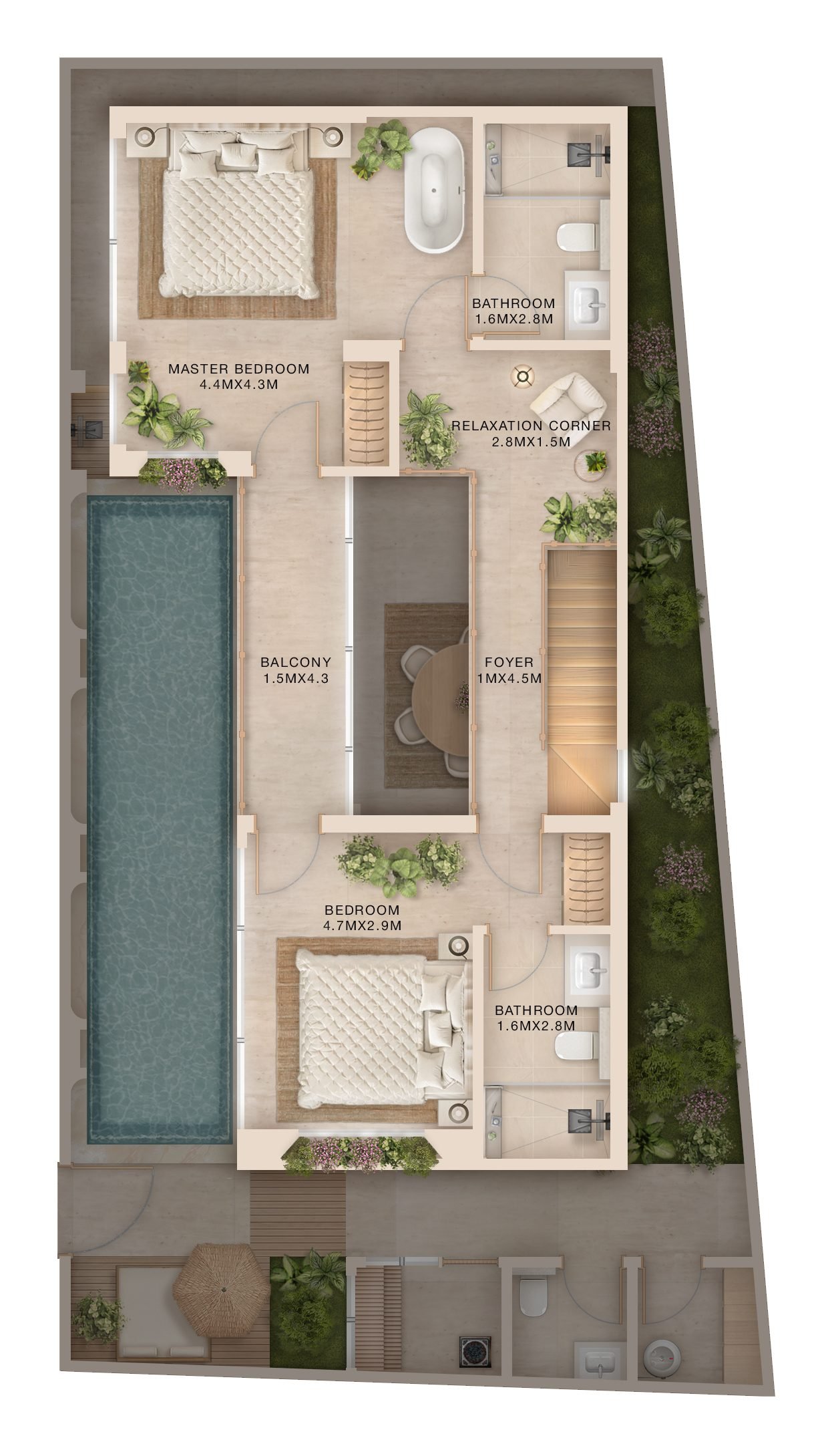 3-bedroom villa first floor plan, showing master bedroom with bathtub, second bedroom, relaxation corner and balcony over the pool