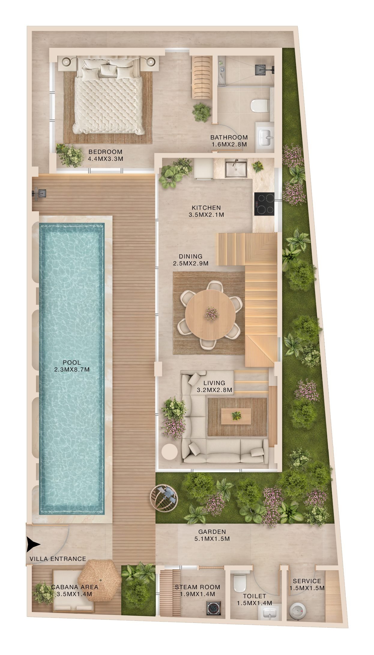 3-bedroom villa ground floor plan, showing entrance, pool, kitchen, dining, living, wellness area, cabana, steam room and service