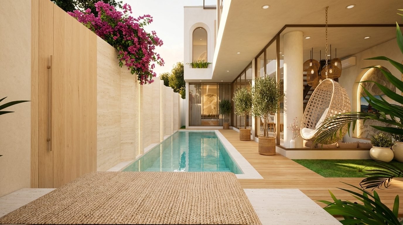 Pool deck at golden hour, framed by tropical greenery
