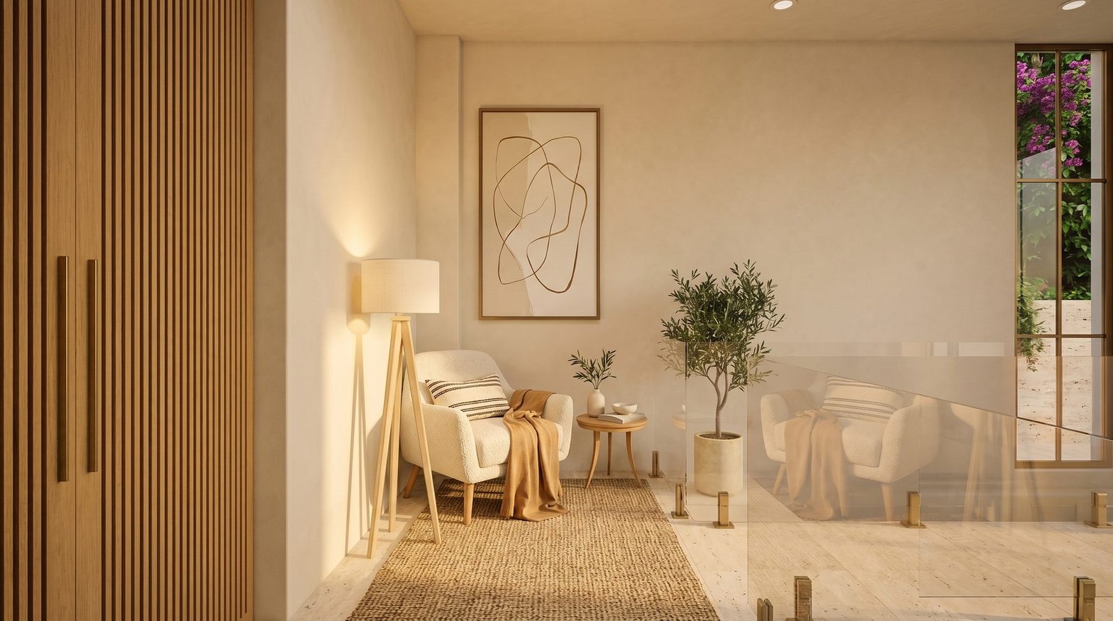 Relaxation area with low seating and warm textures