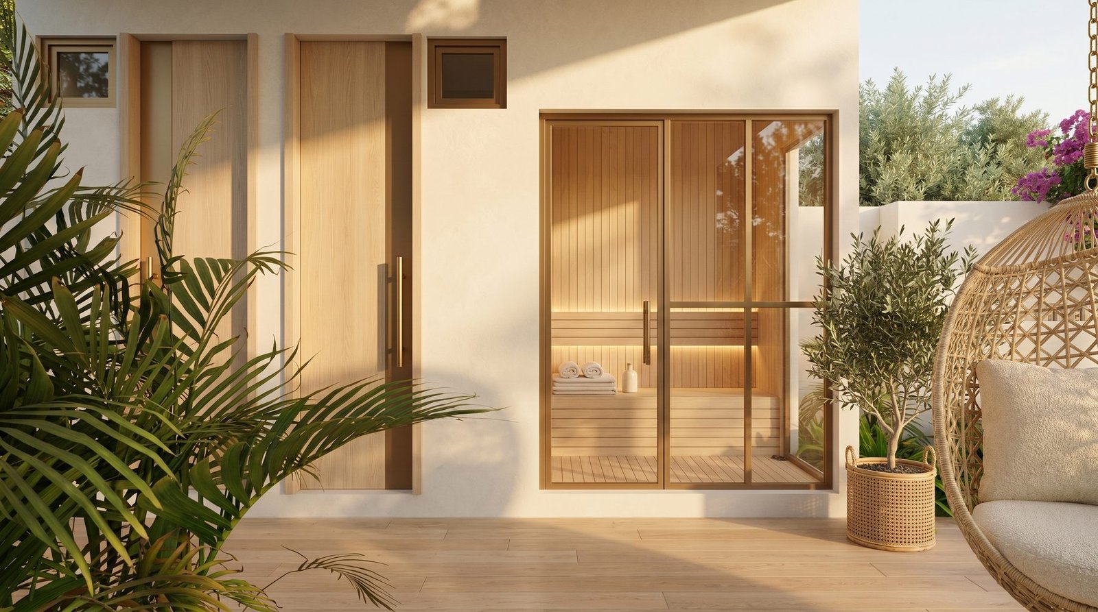 In-villa sauna with timber detailing, opening to the tropical courtyard