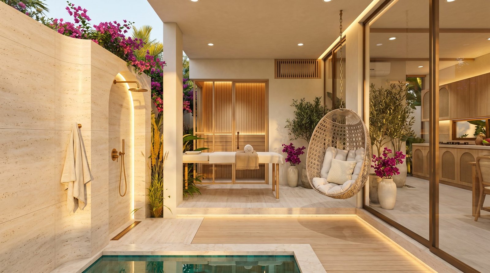 Open-air wellness area with sauna, hanging chair and travertine surrounds